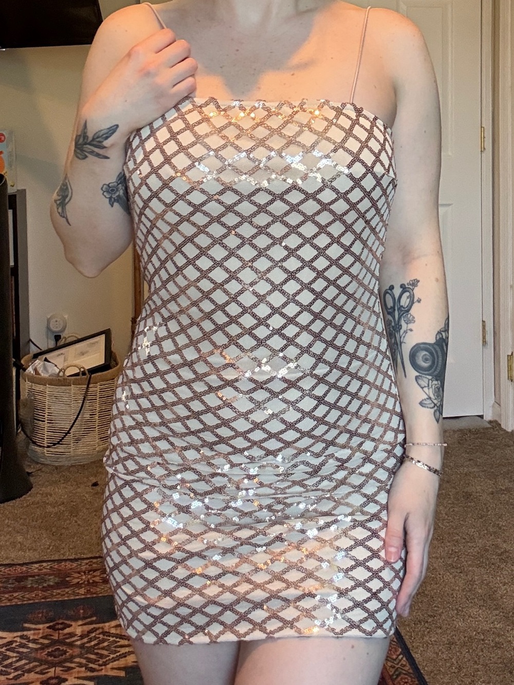 PrettyLittleThing Beige Sequin Mesh Mini Dress